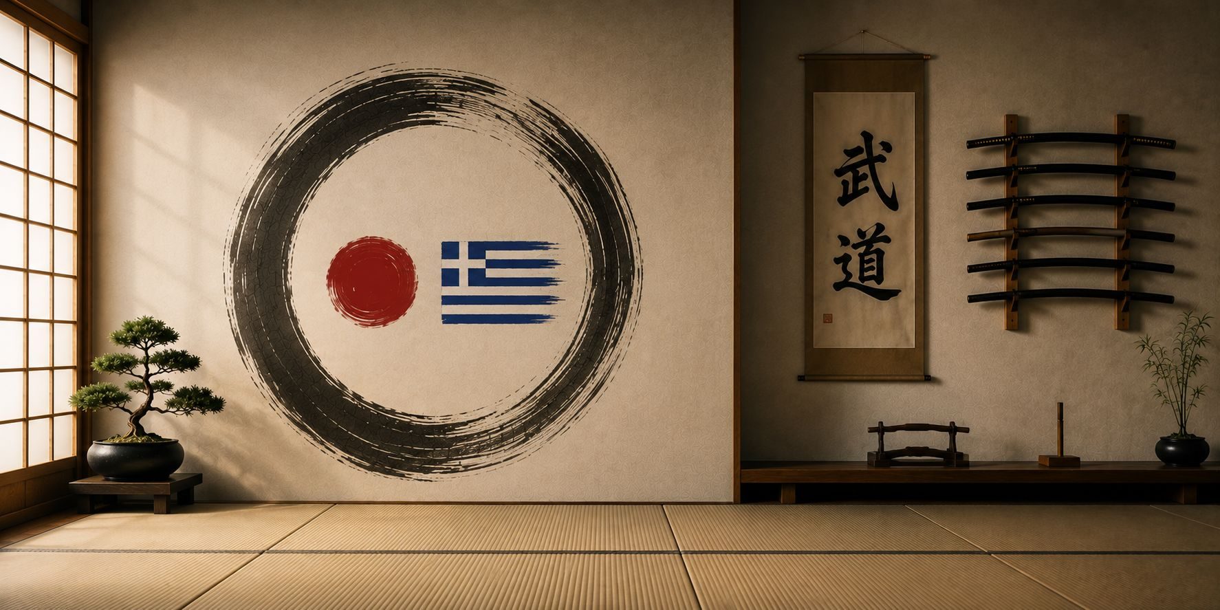 Χώρος dojo με ιαπωνική και ελληνική σημαία
